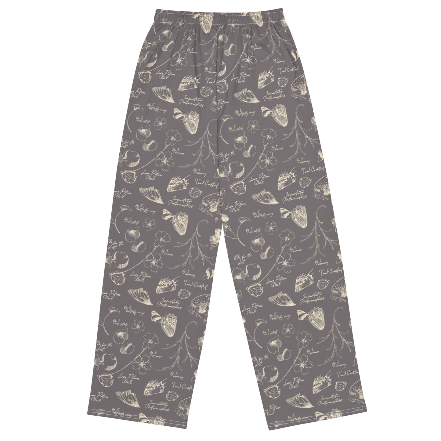 Close up of potion ingredient graphics on black sweatpants