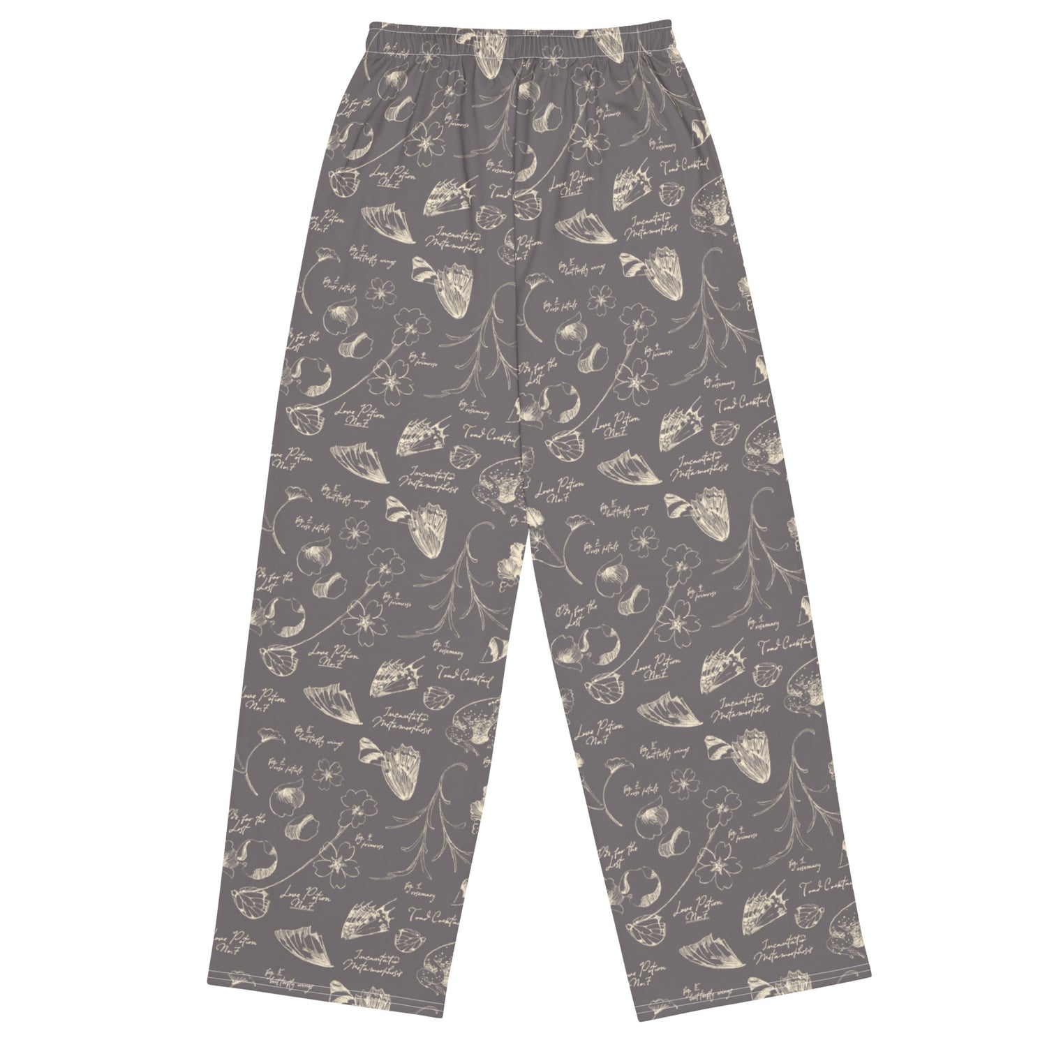 Close up of potion ingredient graphics on black sweatpants