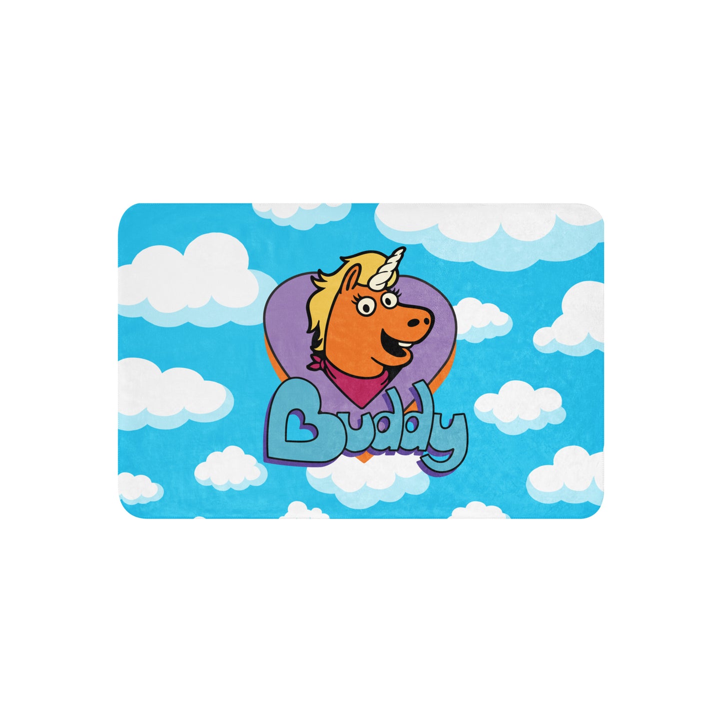 Person wrapping up in the soft Buddy logo throw blanket