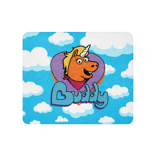 Buddy Mascot Logo on a white sherpa blanket-2