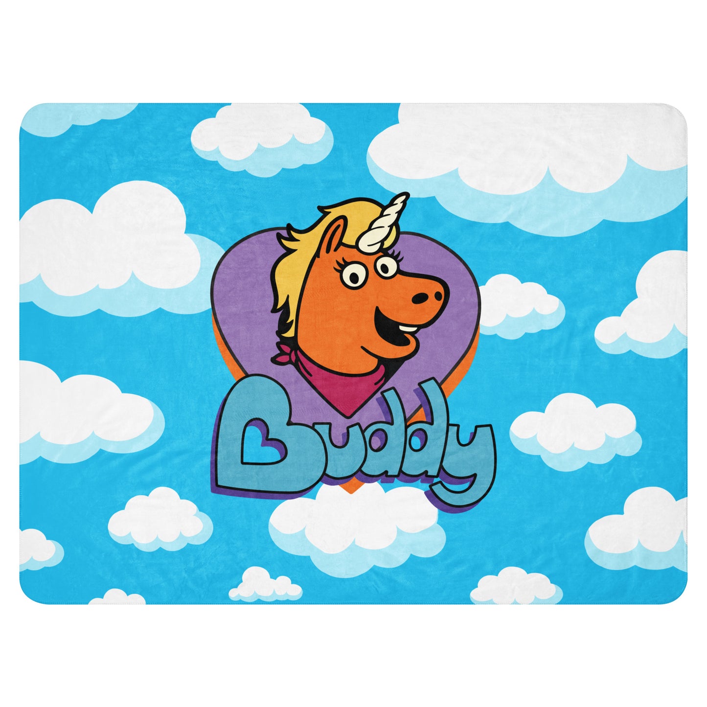 Buddy Mascot Logo on a white sherpa blanket