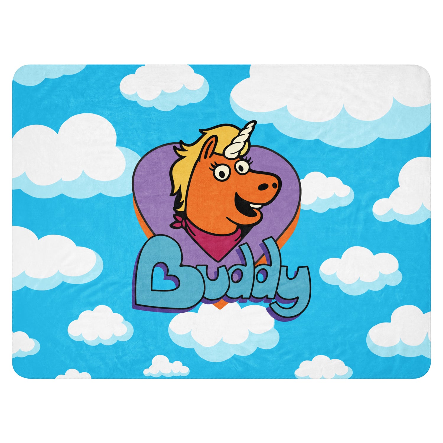 Buddy Mascot Logo on a white sherpa blanket