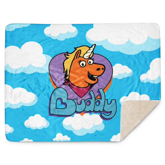 Buddy Mascot Logo on a white sherpa blanket-1