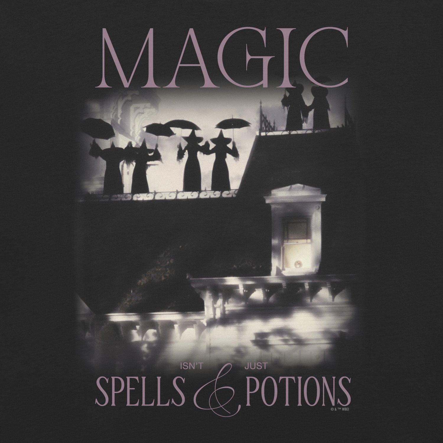 Close-up detail of the graphic design on the Practical Magic tee.