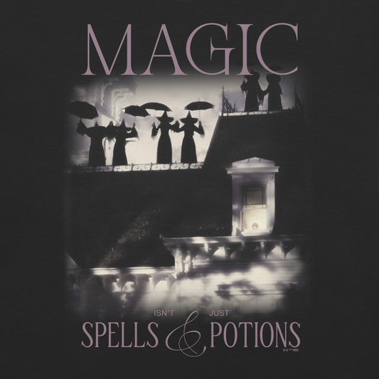 Front view of the Practical Magic T-shirt with Magic Isn't Just Spells and Potions text.-1