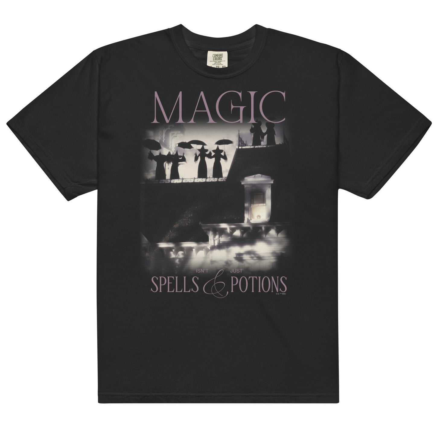 Front view of the Practical Magic T-shirt with Magic Isn't Just Spells and Potions text.