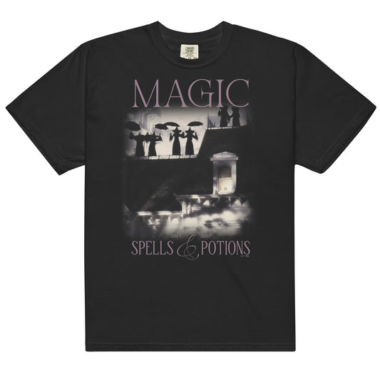 Front view of the Practical Magic T-shirt with Magic Isn't Just Spells and Potions text.-0