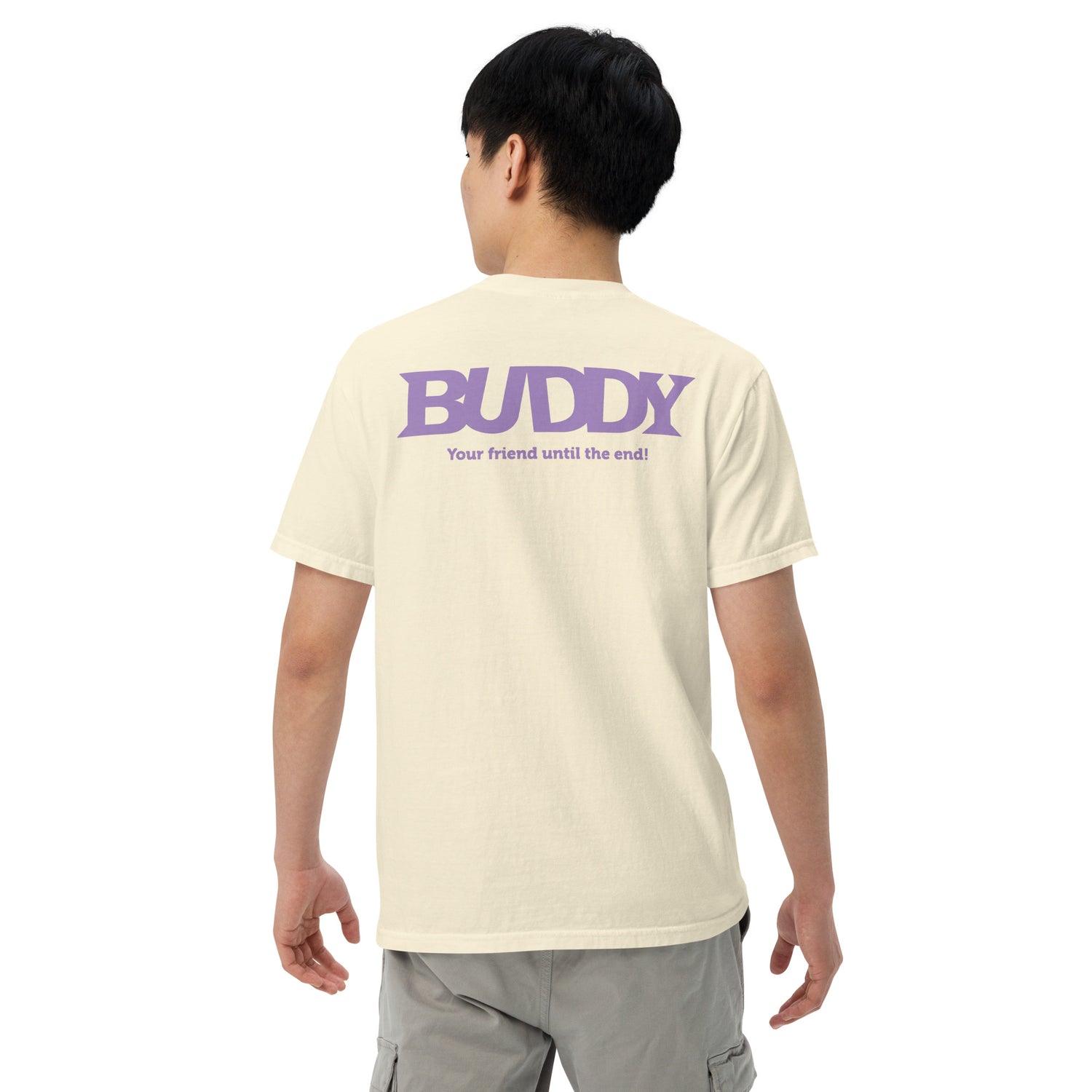 Front view of the unisex Buddy graphic T-shirt for fans and collectors