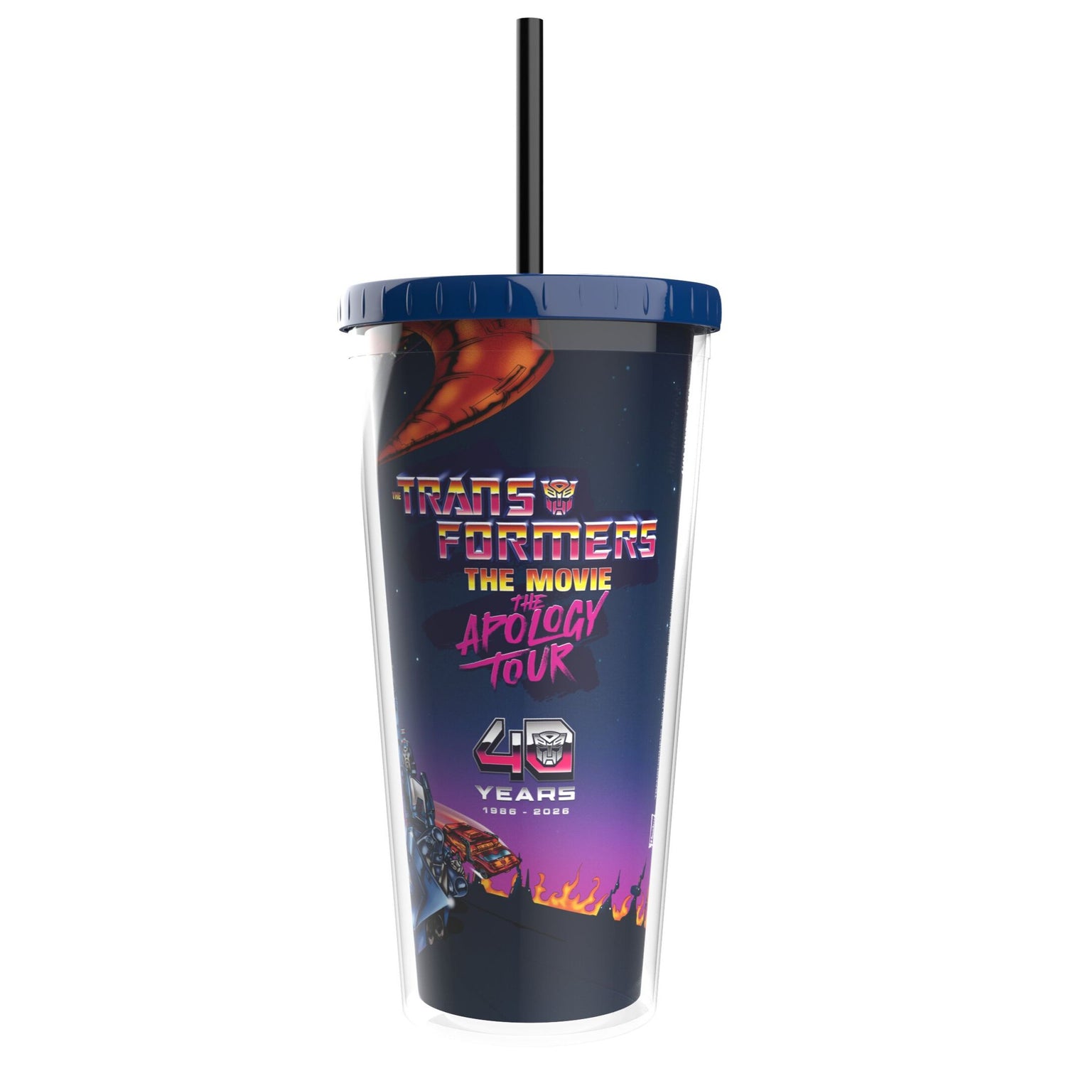 Transformers 40th double wall cup shown from the front view against a neutral background