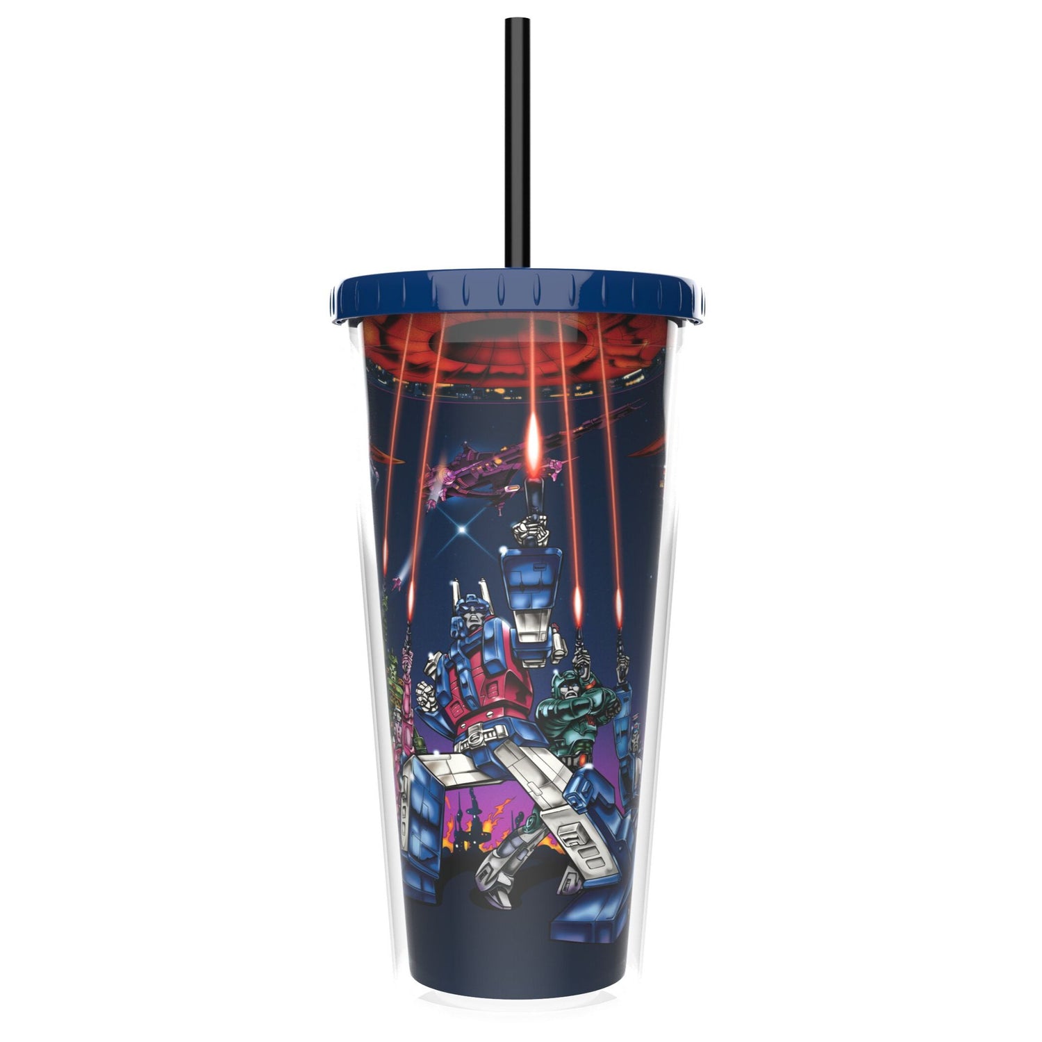 Side angle view of the 20oz plastic Transformers 40th collectible cup