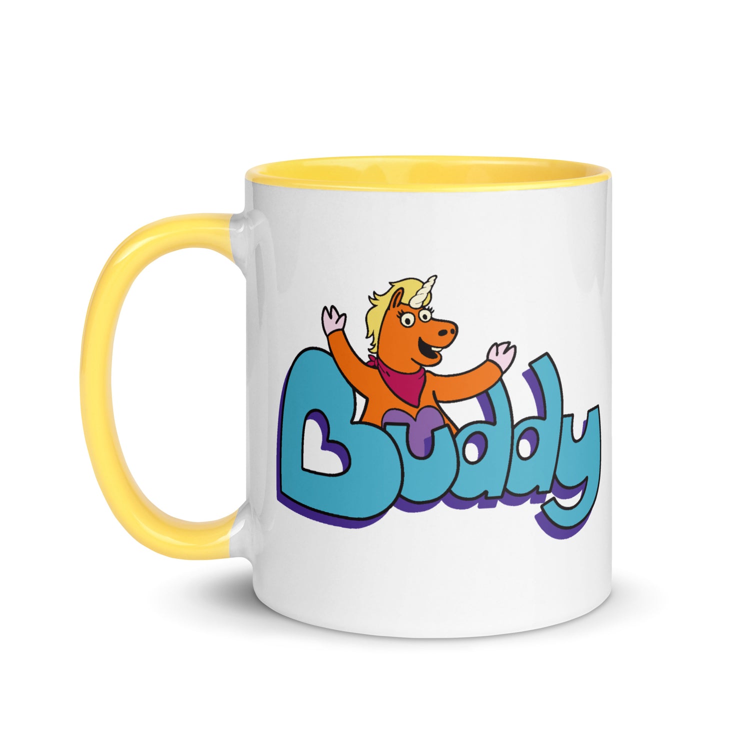 Close up of the Buddy Logo on an 11 oz ceramic mug