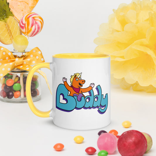 Close up of the Buddy Logo on an 11 oz ceramic mug-2