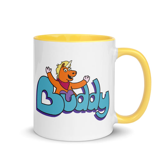 Close up of the Buddy Logo on an 11 oz ceramic mug-1