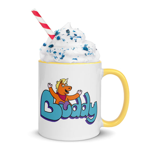 Close up of the Buddy Logo on an 11 oz ceramic mug-3
